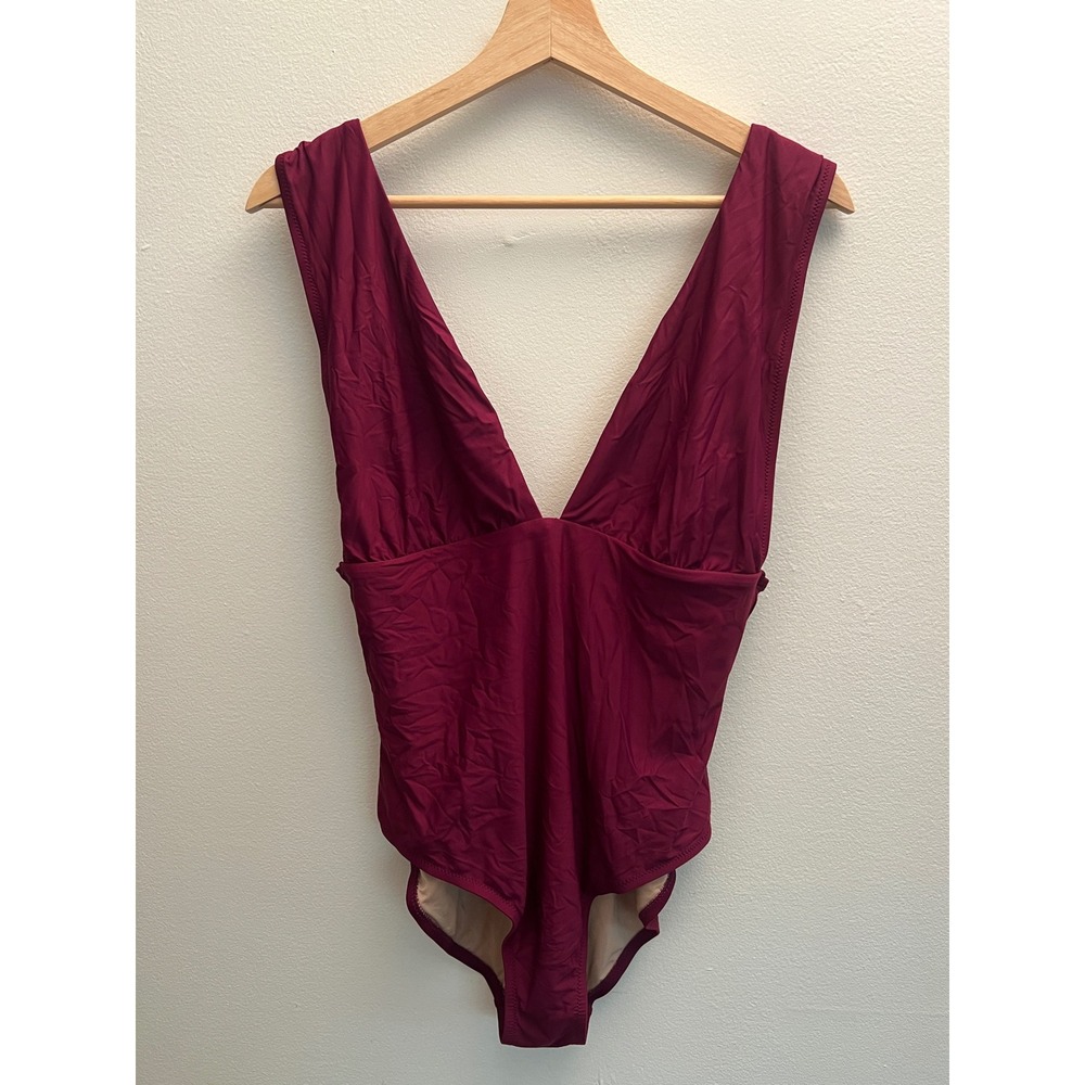 J. Crew Womens‎ Deep V-Neck One-Piece Swimsuit 14 Burgundy Wine Minimalist G9417